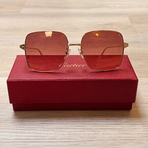 NWT Cartier Santos de Cartier Red Rectangular Gold Frame Ladies Sunglasses